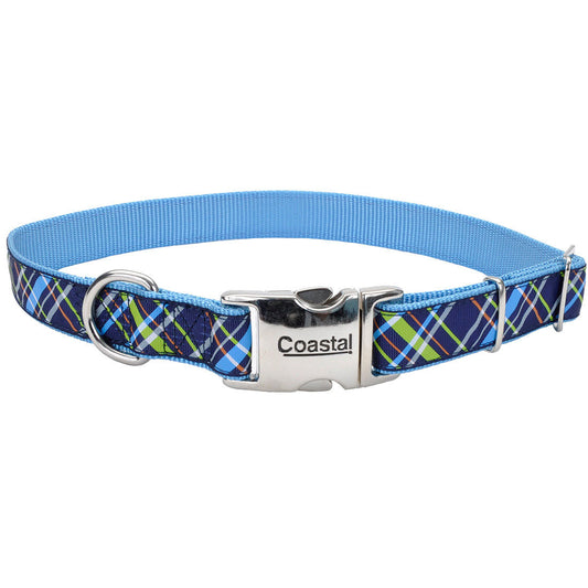 Coastal Ribbon Adjustable Dog Collar with Metal Clip Blue Plaid XS