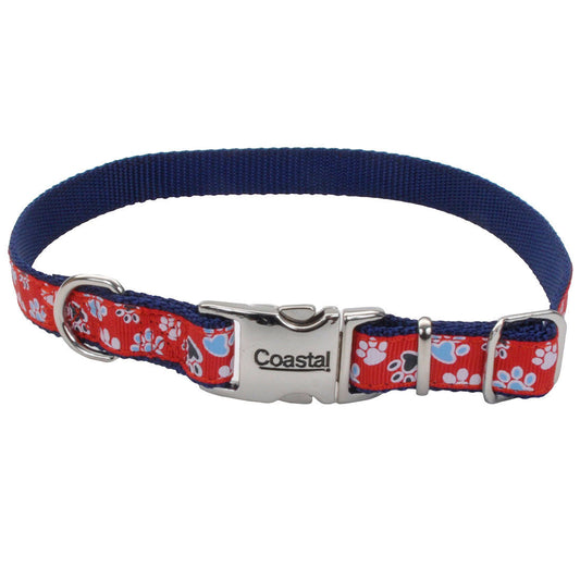 Coastal Ribbon Adjustable Dog Collar with Metal Clip Red Paw Large