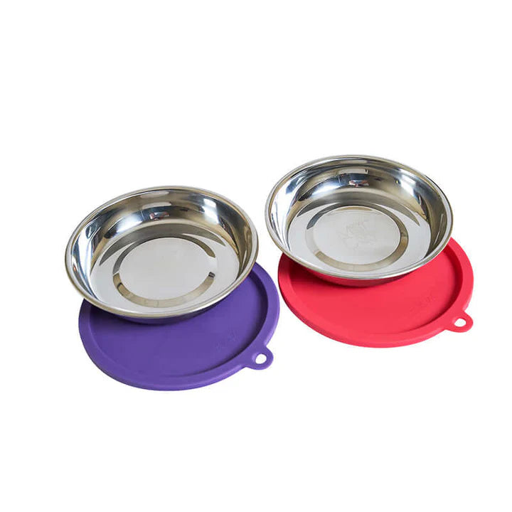Messy Cats 4Pc Set - 2 Stainless Saucer Bowls and Lids, Watermelon/Purple