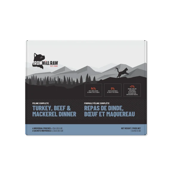 Iron Will Raw® Feline Complete™ Turkey, Beef & Mackerel Dinner Frozen Cat Food 3lb Spec Order