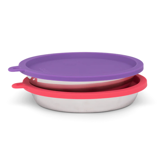 Messy Cats 4Pc Set - 2 Stainless Saucer Bowls and Lids, Watermelon/Purple