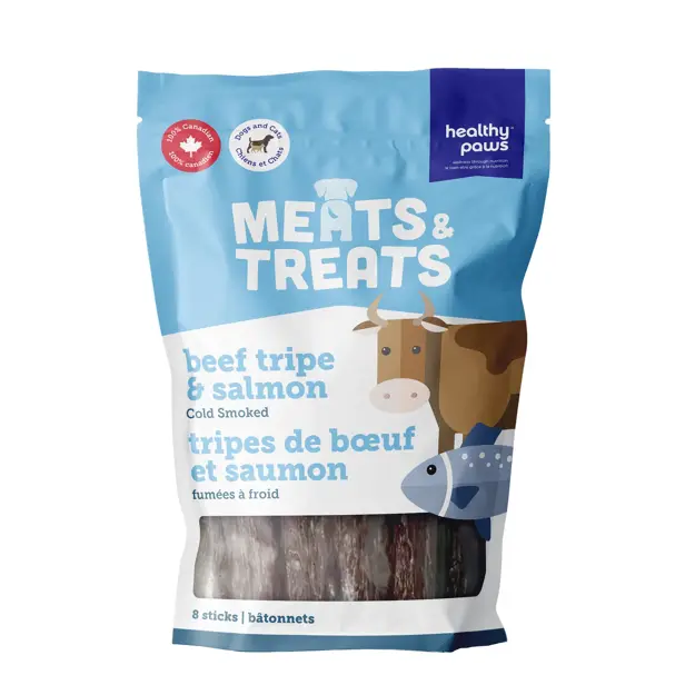 Healthy Paws Meats & Treats - Cold Smoked Tripe Sticks Salmon/Beef - 8pck