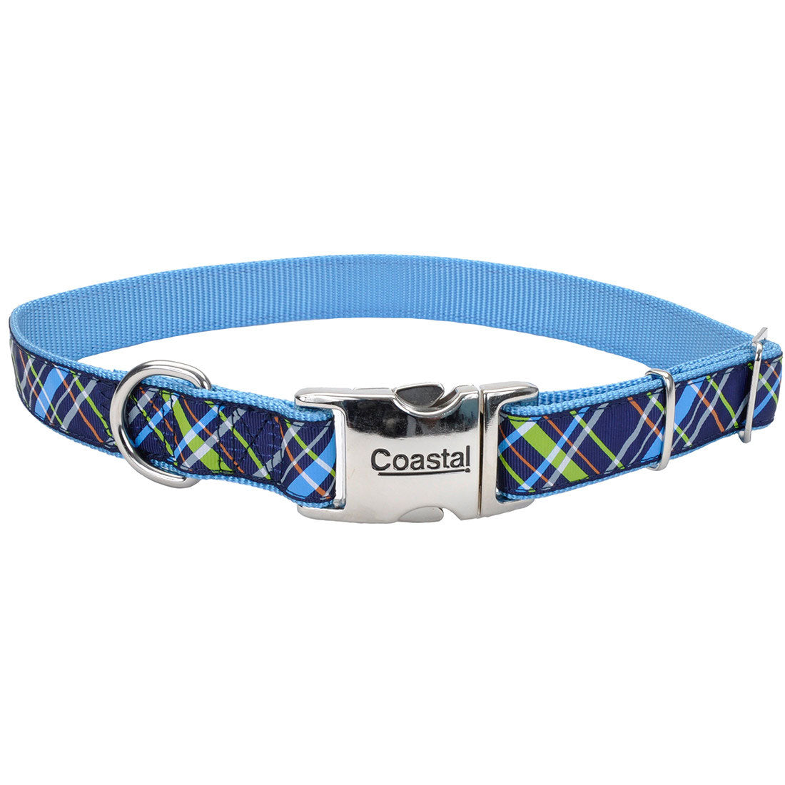 Coastal Ribbon Adjustable Dog Collar with Metal Clip Blue Plaid Large