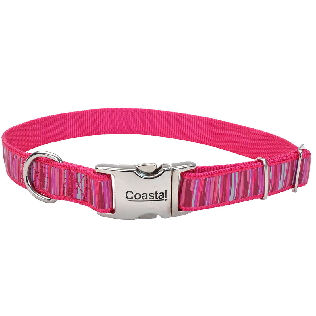 Coastal Ribbon Adjustable Dog Collar with Metal Clip Pink Flamingo Large