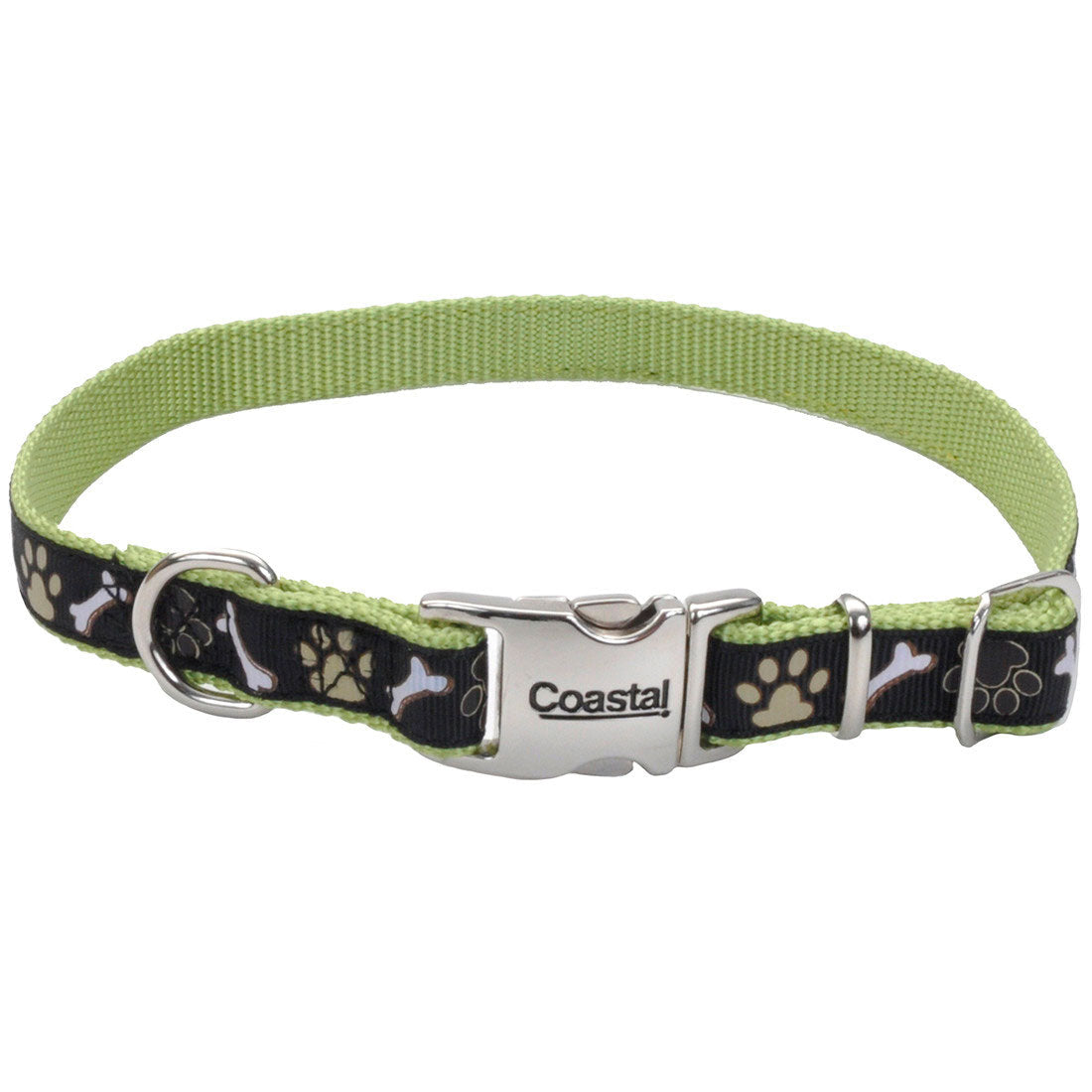 Coastal Ribbon Adjustable Dog Collar with Metal Clip Green Paw & Bone S/M