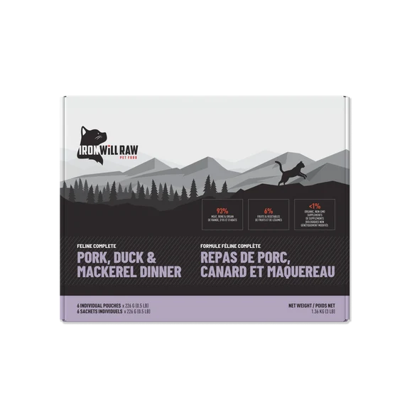 Iron Will Raw® Feline Complete™ Pork, Duck & Mackerel Dinner Frozen Cat Food 3lb Spec Order
