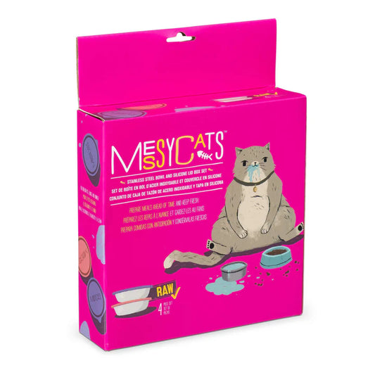 Messy Cats 4Pc Set - 2 Stainless Saucer Bowls and Lids, Watermelon/Purple